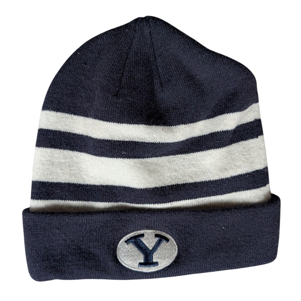 Nike BYU Cougars Cuffed Beanie Hat Navy Blue White Striped‎ Knit Oval Y Logo